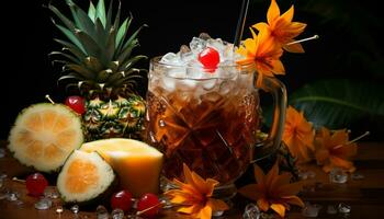 Frische im ein Glas Natur Cocktail von Ananas, orange, und Zitrusfrüchte generiert durch ai foto