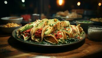 Frische auf ein Teller Gourmet Taco, gesund Salat, hausgemacht Guacamole generiert durch ai foto