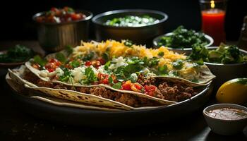 ein aromatisch Taco Teller mit frisch Fleisch, Guacamole, und Koriander generiert durch ai foto