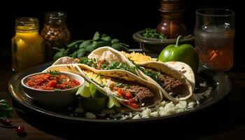 ein köstlich Taco mit Guacamole, Fleisch, und frisch Koriander generiert durch ai foto