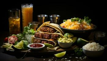 gegrillt Rindfleisch Taco mit Guacamole, Koriander, und frisch Tomate Salsa generiert durch ai foto