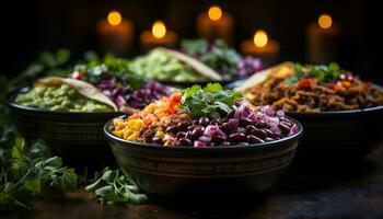 Frische auf ein hölzern Tisch, ein Gourmet Salat zum gesund Essen generiert durch ai foto
