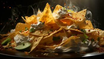 frisch Guacamole auf ein knackig Tortilla Chip, ein Mexikaner Vorspeise generiert durch ai foto