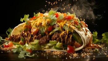 gegrillt Rindfleisch Taco mit Tomate, Guacamole, und frisch Koriander generiert durch ai foto