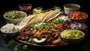 gegrillt Fleisch, frisch Tomate, Avocado, Koriander auf ein Tortilla Teller generiert durch ai foto