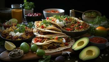 Frische und Geschmack im ein hausgemacht Mexikaner Gourmet Guacamole Taco generiert durch ai foto