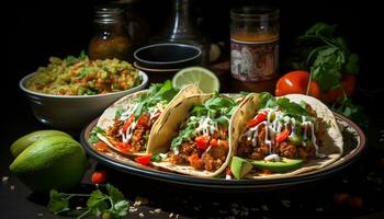 ein aromatisch Mexikaner Mahlzeit mit gegrillt Rindfleisch, frisch Gemüse, und hausgemacht Guacamole generiert durch ai foto