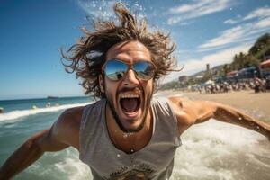 ai generativ jung Mann im Sonnenbrille haben Spaß beim das Strand foto