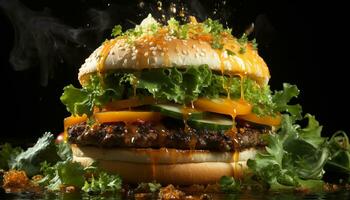 gegrillt Rindfleisch Burger mit Gourmet Käse, frisch Gemüse auf Ciabatta generiert durch ai foto