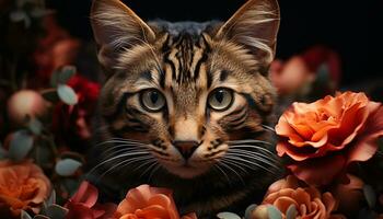 süß Kätzchen Sitzung, suchen beim Kamera, umgeben durch schön Blumen generiert durch ai foto