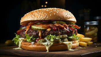 gegrillt Gourmet Burger mit frisch Tomate auf hausgemacht Sesam Brötchen generiert durch ai foto