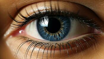schließen oben von ein Mensch Auge, suchen beim Kamera, Blau Iris generiert durch ai foto
