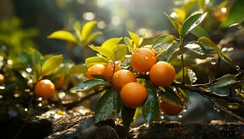 Frische von Natur reif Zitrusfrüchte Frucht, Grün Blätter, gesund Essen generiert durch ai foto