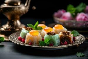orientalisch Süßigkeiten mit Truthahn Tee ai generiert foto