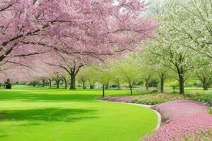 schön Landschaft Park mit Bäume und Sonne. bunt Laub im das Park. ai generativ Profi Foto