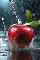 rot Apfel fallen im Regen Wasser ai generiert foto