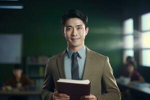 Porträt von glücklich asiatisch männlich Lehrer mit ein Buch im Schule, jung Mann Tutor lächelnd und suchen beim das Kamera foto