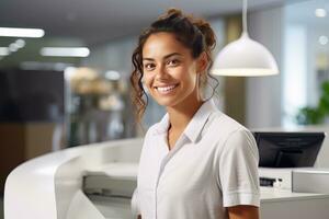 Porträt von lächelnd Rezeptionist weiblich Gruß Klient, glücklich Geschäft Frau Rezeption im modern Büro foto