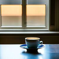 Tasse von heiß Kaffee auf hölzern Tabelle ai generiert foto