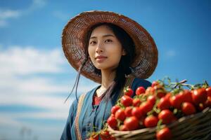 asiatisch weiblich Farmer mit Korb von frisch Gemüse, präsentieren organisch Gemüse, gesund Essen foto