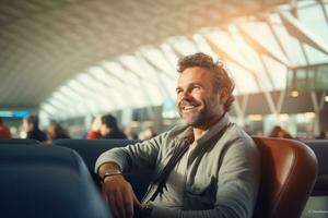 glücklich Tourist lächelnd beim Flughafen Terminal, froh Mann wartet zum Flug im ein Einsteigen Salon von Fluggesellschaft Hub. foto