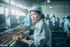 asiatisch Arbeiter Fabrik Linie. generieren ai foto