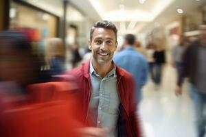 Porträt von glücklich männlich geht zu Einkaufen im modern Kleidung speichern, gut aussehend Mann Gehen im Einkaufen Einkaufszentrum umgeben durch verschwommen Personen. foto