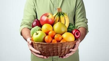 Mann halten Korb von Früchte, Farmer präsentieren frisch Früchte, gesund Essen Reich im Vitamine. generativ ai foto