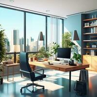 modern Büro Zimmer Schreibtisch Innere Design Illustration generiert durch ai foto