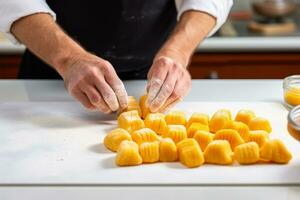 Koch geschickt Gestaltung hausgemacht Kürbis Gnocchi isoliert auf ein Weiß Hintergrund foto