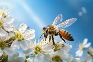 Epos Makro Fotografie Schuss von Honig Biene. Nahansicht Aussicht von Arbeiten Bienen. generativ ai foto