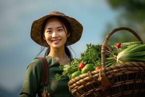 asiatisch weiblich Farmer mit Korb von frisch Gemüse, präsentieren organisch Gemüse, gesund Essen foto