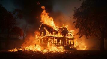 Haus auf Feuer Unfall, Verbrennung Auto Hintergrund, Zuhause Versicherung Konzept. generativ ai foto