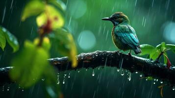 Epos Fotografie Schuss von Vogel auf regnerisch Tag. lebhaft regnerisch Jahreszeit Konzept. generativ ai foto