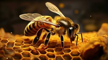 Epos Makro Fotografie Schuss von Honig Biene. Nahansicht Aussicht von Arbeiten Bienen. generativ ai foto