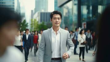 asiatisch Geschäftsmann Gehen im modern Stadt, gut aussehend Mann Spaziergänge auf ein überfüllt Fußgänger Straße, asiatisch Manager umgeben durch verwischen Menschen auf beschäftigt Straße. foto