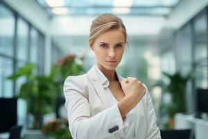 zuversichtlich Geschäftsfrau zeigen ein Kampf Pose, schön Manager Gesten erziehen Fäuste im modern Büro, weiblich Unternehmer Kämpfe ein Problem foto