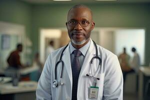 Porträt von ein afrikanisch Arzt mit Stethoskop im das Krankenhaus, erfahren Senior medizinisch Arzt lächelnd und suchen beim Kamera. foto