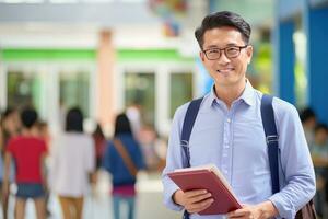 Porträt von glücklich asiatisch männlich Lehrer mit ein Buch im Schule, jung Mann Tutor lächelnd und suchen beim das Kamera foto