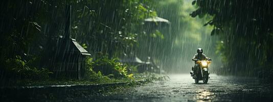 Mensch Täglich Leben auf regnerisch Tag. genießen Regenfall und glücklich Leben, lebhaft regnerisch Jahreszeit Konzept. generativ ai foto