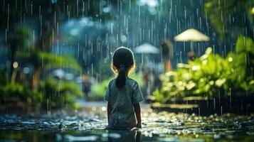 Mensch Täglich Leben auf regnerisch Tag. genießen Regenfall und glücklich Leben, lebhaft regnerisch Jahreszeit Konzept. generativ ai foto