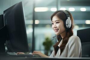 Porträt von ein schön asiatisch Kunde Bedienung Operator, Anruf Center Arbeiter reden durch Headset mit Kunde im modern Büro. foto