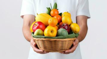 Mann halten Korb von Früchte, Farmer präsentieren frisch Früchte, gesund Essen Reich im Vitamine. generativ ai foto