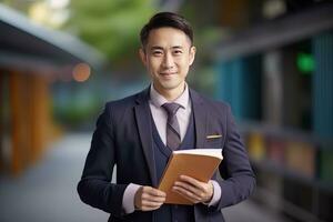 Porträt von glücklich asiatisch männlich Lehrer mit ein Buch im Schule, jung Mann Tutor lächelnd und suchen beim das Kamera foto