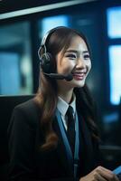 Porträt von ein schön asiatisch Kunde Bedienung Operator, Anruf Center Arbeiter reden durch Headset mit Kunde im modern Büro. foto