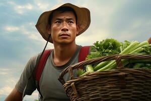 asiatisch männlich Farmer mit Korb von frisch Gemüse, präsentieren organisch Gemüse, gesund Essen foto