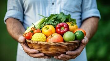 Mann halten Korb von Früchte, Farmer präsentieren frisch Früchte, gesund Essen Reich im Vitamine. generativ ai foto