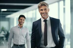 glücklich Geschäftsmann Stehen im modern, erfolgreich männlich Manager lächelnd und suchen beim das Kamera foto