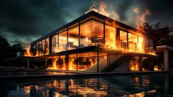 Haus auf Feuer Unfall, Verbrennung Auto Hintergrund, Zuhause Versicherung Konzept. generativ ai foto