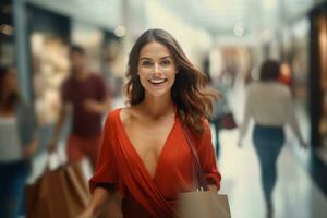 Porträt von glücklich weiblich geht zu Einkaufen im Kleidung speichern, schön Mann Gehen im Einkaufen Einkaufszentrum umgeben durch verschwommen Menschen foto